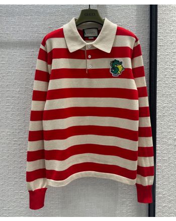 Gucci Women's Striped Cotton Jersey Polo Top Red